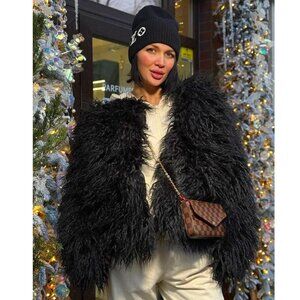 💋BOHO CHIC💋 GORGEOUS Black Faux Fox Fur Jacket